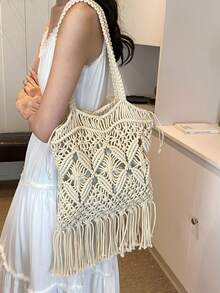 2025 Handmade Hollow-Out Woven Fringe Shoulder Bag, Boho Style Large Capacity Commuter Bag, Spring-Summer Outfit Complement For Free And Relaxed Vibe
