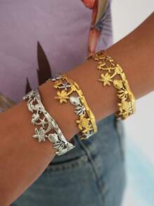 1pc Summer Women Tropical Ocean Shell, Fish, Coconut Tree Handmade 18k Gold Plated Bracelet, Summer Beach Daily Holiday Party Jewelry