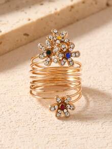 1 pieza Anillo chapado en oro con diseño de flor hueca de estilo chino vintage, diseño único, anillo abierto versátil y lujoso (color del cristal aleatorio) - Amarillo Oro - Ver 1