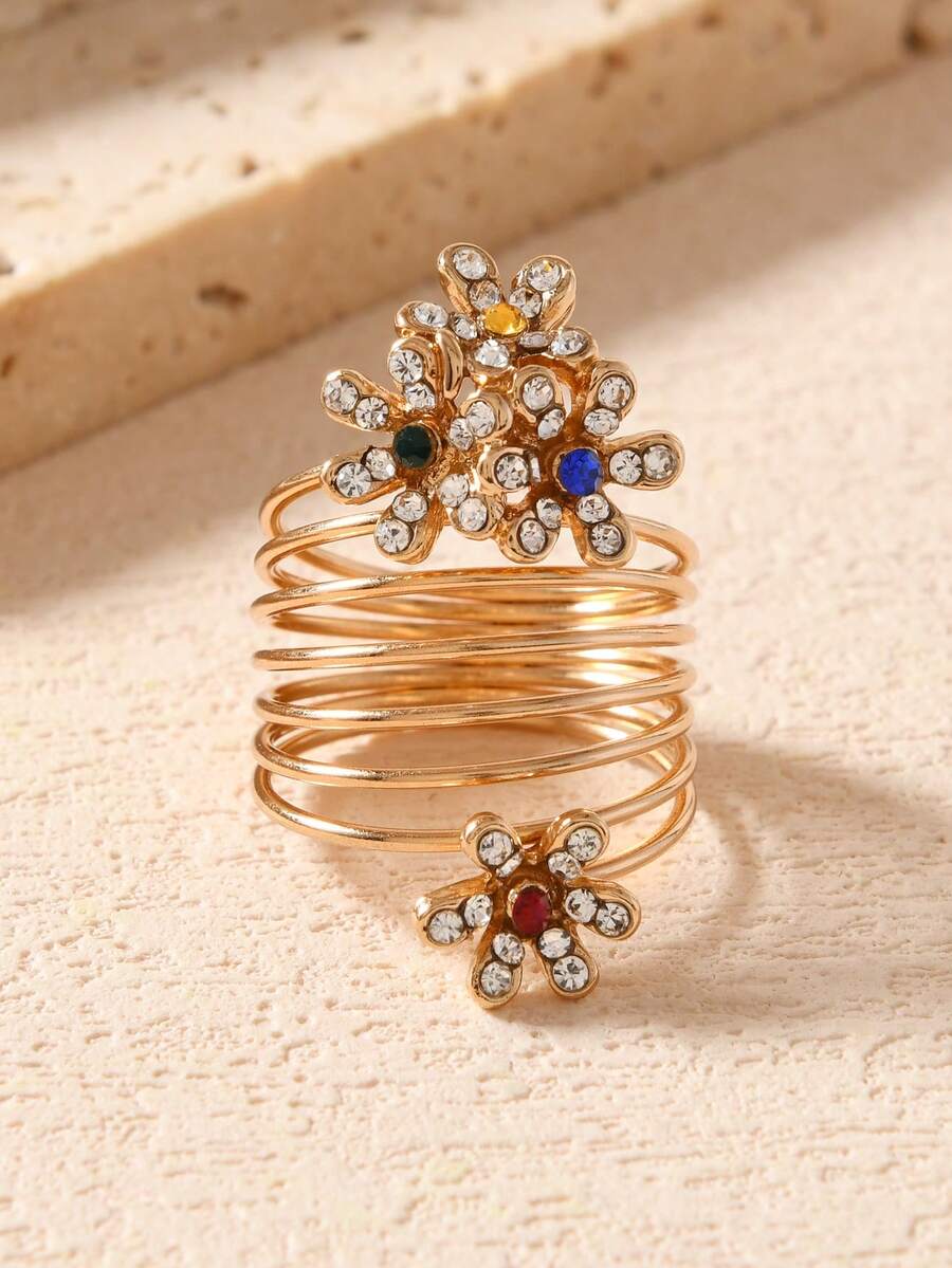 1 pieza Anillo chapado en oro con diseño de flor hueca de estilo chino vintage, diseño único, anillo abierto versátil y lujoso (color del cristal aleatorio) - Amarillo Oro - Ver 1