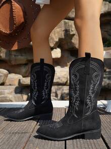 2025 秋冬经典美式复古刺绣皮革尖头西部女靴仿麂皮朋克风格高帮踝靴，黑色，粗跟时尚朋克切尔西靴女款，高跟粗跟马靴，牛仔靴 - 黑色 - 查看 6