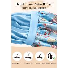 Double Layer Silk Bonnet With Tie Satin Lined Sleep Cap Hair Cover For Women's Curly Natural Hair - Strawberries Blue Plaid - 查看 5