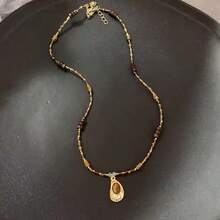 Vintage Brown Natural Stone Pendant Necklace For Women Fashion Geometric Long Leather Rope Necklace Sweater Chain Jewelry Gifts - Multicolor - View 2