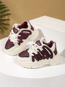 1 Pair Burgundy Sports Shoes, Fashionable, Comfortable, Anti-Slip, Durable Soft Outsole, Suitable For Running, With Seamless Lining Design, Hook And Loop Closure For Easy Wearing, Suitable For Daily Wear