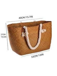 1pc Woven Straw Handbag, Large Farmhouse Style Rattan Storage Basket, Laundry Basket, Toy Organizer, Handwoven Seagrass Tote/Handbag - Multicolor - View 4