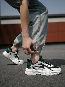 Men's Fashion Contrast Color Letter Pattern Leather & Mesh Patchwork Retro Chunky Sneakers, Lace-Up Soft Lightweight Comfortable Outdoor Reflective Jogging Shoes, Couples Style For All Seasons Valentine's Day Ideas - Contrasting Colors - View 10