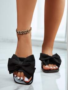 女士时尚平底方头一脚蹬凉鞋，百搭春夏新款休闲沙滩拖鞋，防滑 - 黑色 - 查看 5