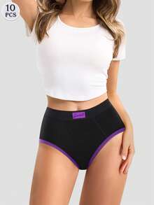 10pcs/Set Women's Mid-Waist Triangle Panties, Minimalist, Contrast Color, Soft, Breathable - Multicolor - View 2