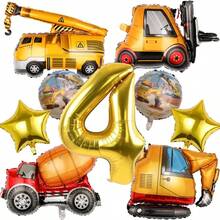 Set de 6 Globos con Temática de Ingeniería, Incluyendo Globos Grandes de Excavadora, Globos Redondos de Construcción, Globos Dorados en Forma de Estrella, y Globos Dorados Números del 1 al 6 de 32 Pulgadas, Adecuado para Decoración de Fiesta de Cumpleaños
