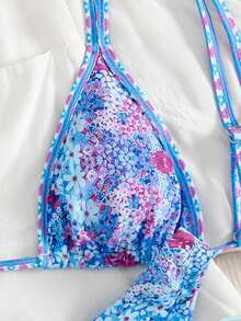 2 chiếc đồ bơi bikini in hoa nhỏ nhắn gợi cảm thường ngày cho nữ, dành cho kỳ nghỉ ở khu nghỉ dưỡng & bãi biển, mùa hè - Màu xanh ngọc - Xem 4