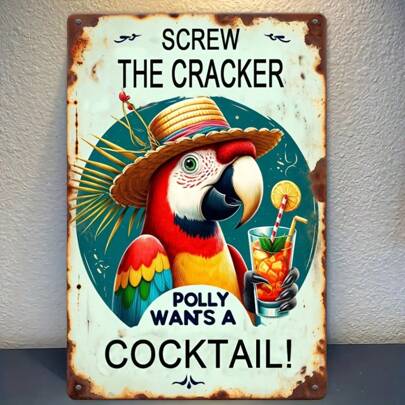 1pc Vintage Parrot Cocktail Metal Tin Sign For Outdoor Decor, Retro Humorous Hawaii Aluminum Sign 2D Flat, Suitable For Decorating Bars, Lounges Or As A Gift For Bartending Cocktail Enthusiasts
