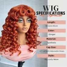 Parrucca riccio lungo sintetica da donna, 18 pollici, riccio afro con frangia, colore rosso zenzero, morbida e voluminosa, senza colla, adatta per cosplay e uso quotidiano
