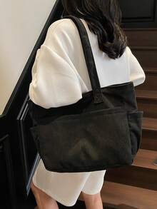 女士灯芯绒手提包，带多个口袋，适合高中生和大学生的时尚背包 - 黑色 - 查看 2