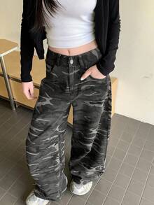 Retro American Camouflage Cargo Pants For Women, New Loose Straight Leg Casual Trousers With Drape Effect, Streetwear Style - Camouflage Gray - View 3