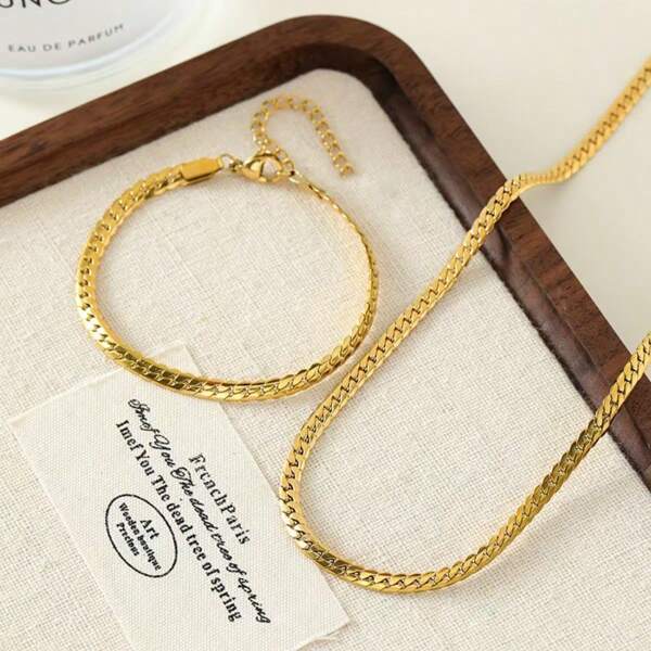 2 Stücke/Set Edelstahl Armband & Halskette, goldfarbener Schmuck für Frauen