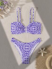 2pcs Blue & White Print Fashion Beach Swimwear Set, Spring/Summer - Multicolor - View 2