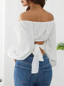 Womens Off Shoulder Crop Tops, Long Sleeve Solid Color Tie Knot Back Ruched T-Shirts - Beige - View 5