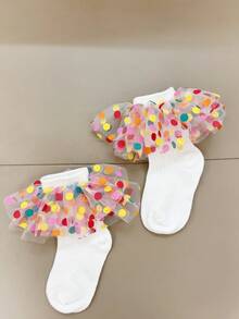 Girls' Colorful Polka Dot Lace Trim Crew Socks, Sweet & Versatile, Soft & Comfortable, Suitable For All Seasons - White - View 3