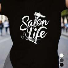 Women's 180g Black Cotton Round Neck Short Sleeve T-Shirt - Salon Life Print Graphic Tee - Quick Drying Comfort,  Hairstylist Fashion Statement, Ideal Gift For Salon Professionals, 100% US Printed, Breathable Casual Top - Black - View 8