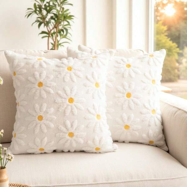 غطاء وسادة أبيض زهري ثلاثي الأبعاد 1 قطعة، أسلوب منزلي بسيط، غطاء وسادة مطرز من القماش المخمل، مناسب لغرفة النوم والأريكة وديكور المنزل للربيع