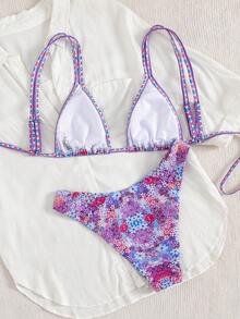 2 件套碎花休闲性感系带女式比基尼泳装，适合夏季海滩度假 - 紫羅蘭色 - 查看 3