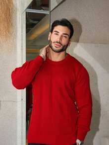 Men's Knitted Sweater Top Chic High Quality Textured Autumn Winter Long Sleeve - 紅色 - 查看 2