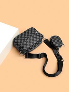 男士迷你斜挎包两件套 - 单肩包和零钱包，防水，可调节肩带，旅行必备，夏季 - 黑色 - 查看 4