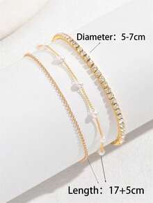 3 件优雅银色塑料水晶弹性手链套装，包括人造珍珠手链和不锈钢手链，尺寸可调，适合年轻女孩，是送给朋友、学生、生日的时尚珠宝礼物（注意：人造珍珠的数量可能略有不同） - 金色 - 查看 5