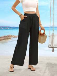 Women's Linen Palazzo Pants - Summer Boho Wide Leg High Waist Casual Lounge Bottoms 2025 Beach Travel Vacation Outfits - 黑色 - 查看 1