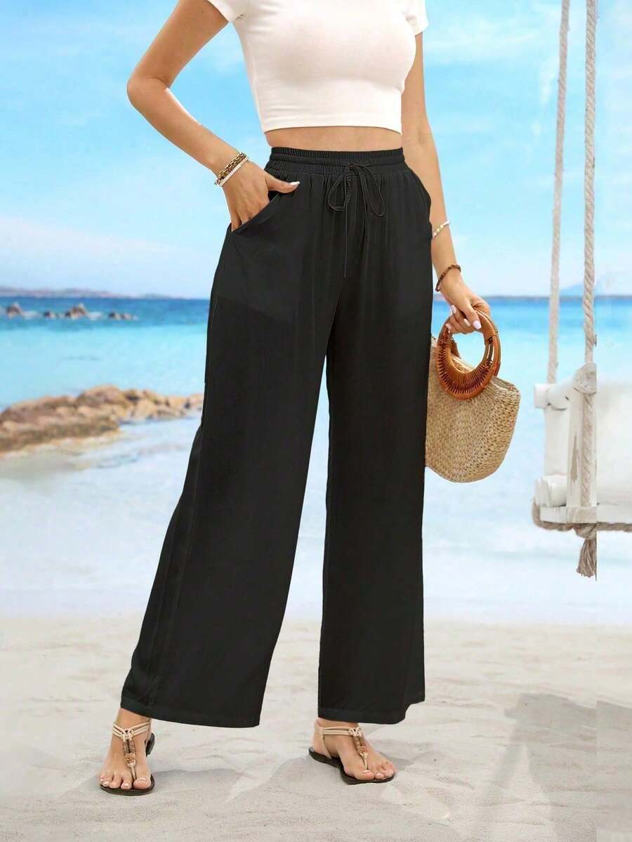 Women's Linen Palazzo Pants - Summer Boho Wide Leg High Waist Casual Lounge Bottoms 2025 Beach Travel Vacation Outfits - 黑色 - 查看 1