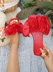 New Women's Red Ruffled Floral Design Beach Flat Sandals, Fashionable Party & Vacation Style, Soft Square Toe Comfortable All Match Flat Slippers