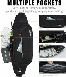 Gran Riñonera Cruzada para Mujeres y Hombres, Bolsa de Cinturón con 4 Bolsillos con Cremallera para Viajes, Correr, Senderismo, Entrenamiento, Pasear Perros, Deportes al Aire Libre, Pesca, Bolsa de Cintura que Lleva Todos los Teléfonos - Negro (4 bolsillos con cremallera) - Ver 4