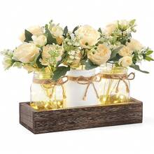 Nuevas - Luces de tarro Mason Centropieza de mesa para comedor estilo rústico con bandeja de madera y 3 tarros con flores Centropieza para sala de estar primavera y verano - Color como se muestra + Tamaño como se muestra - Ver 1