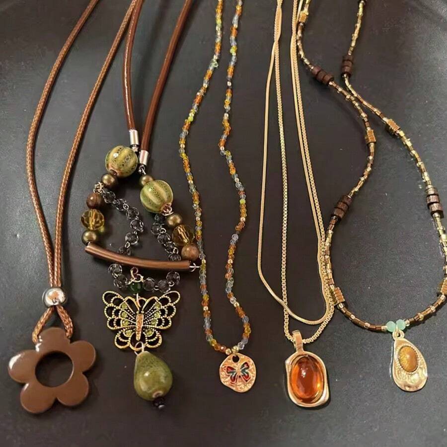 Vintage Brown Natural Stone Pendant Necklace For Women Fashion Geometric Long Leather Rope Necklace Sweater Chain Jewelry Gifts - Multicolor - View 1