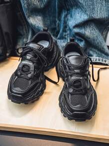 Men's Chunky Sneakers, Multi-Color Leather & Mesh Patchwork Thick Sole, Anti-Slip Casual Shoes For Outdoor, Street Style, Travel, Short Stature, Campus, Daily Wear, 2025 Fashion Versatile High-End Pure Black Shoes