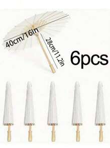 Set de 6 paraguas de papel blanco con mango de madera, sin plumas, sin electricidad, para decoración de despedida de soltera, accesorios para fiestas de boda, y fotografía