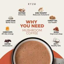 RY-ZE Organic Mushroom Coffee (30 Servings) | 6 Adaptogens + MCT Oil, Lion's Mane For Focus – USA Instant – Fuel Energy, Support Digestion & Immunity! - 1 CÁI - Xem 3