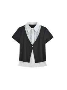 Áo sơ mi đen tay ngắn 2 trong 1 dành cho nữ, cổ polo thường ngày, thiết kế ôm sát, áo cho mùa hè - màu đen - Xem 6