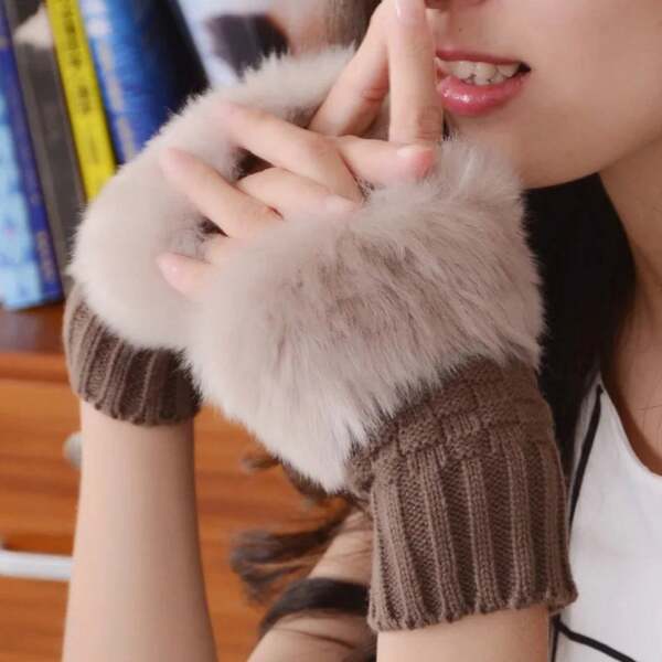 Women's Autumn Winter Warm Plush Knitted Wool Patchwork Half-Finger Gloves Cute Sweet Smooth Soft Writing Driving