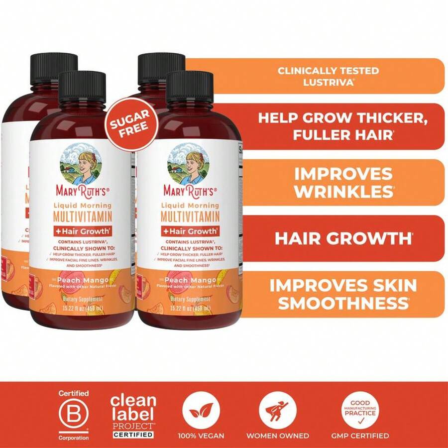 Crecimiento del cabello multivitamina líquida de MaryRuth - Lustriva clínicamente probado para el cabello de Thicker y antienvejecimiento - Paquete de cuatro - Ver 1