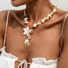 1 pièce Ensemble de collier pendentif en alliage de coquillage et étoile de mer, chaîne de clavicule de décoration de plage décontractée