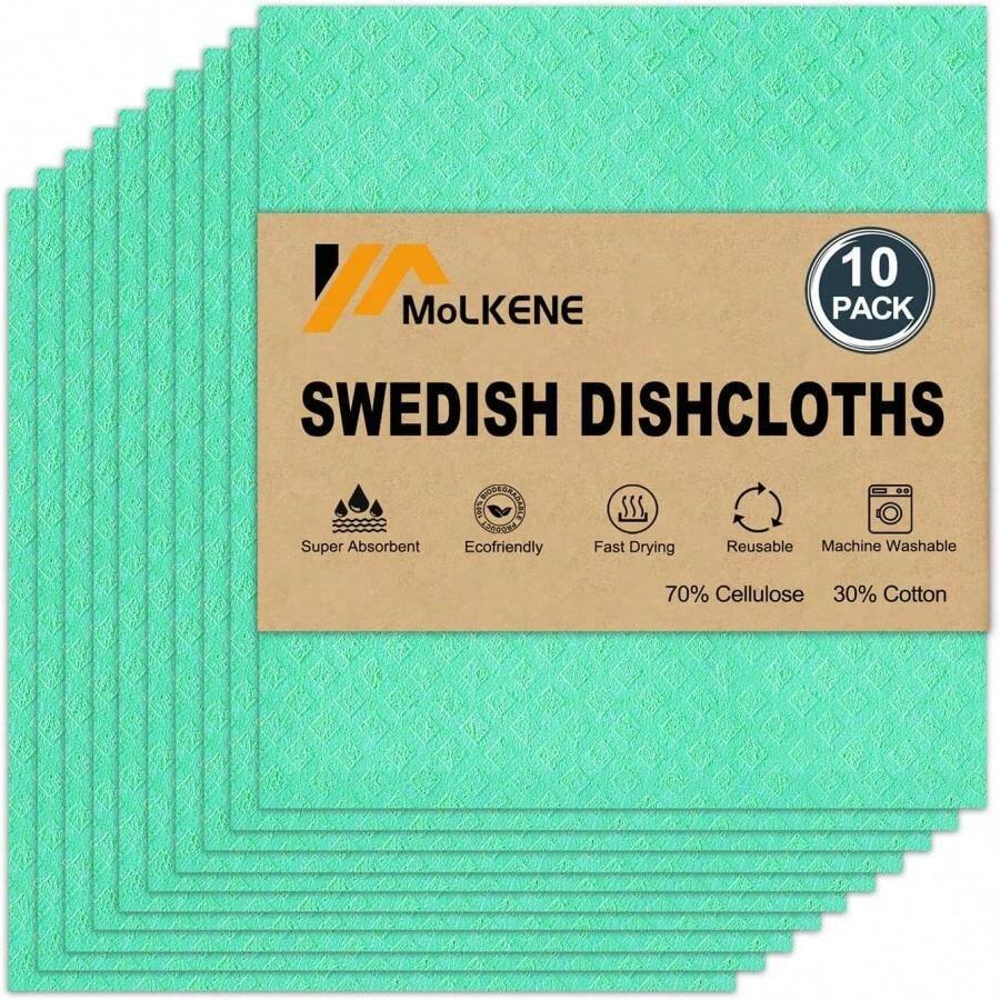 MoLKENE Swedish Dishcloths, Reusable Soft Kitchen Towels, Absorbent Sponge Cleaning Cloths, Washable Quick Drying, 6 Pack, Assorted - 10 Gói Xanh - Xem 1