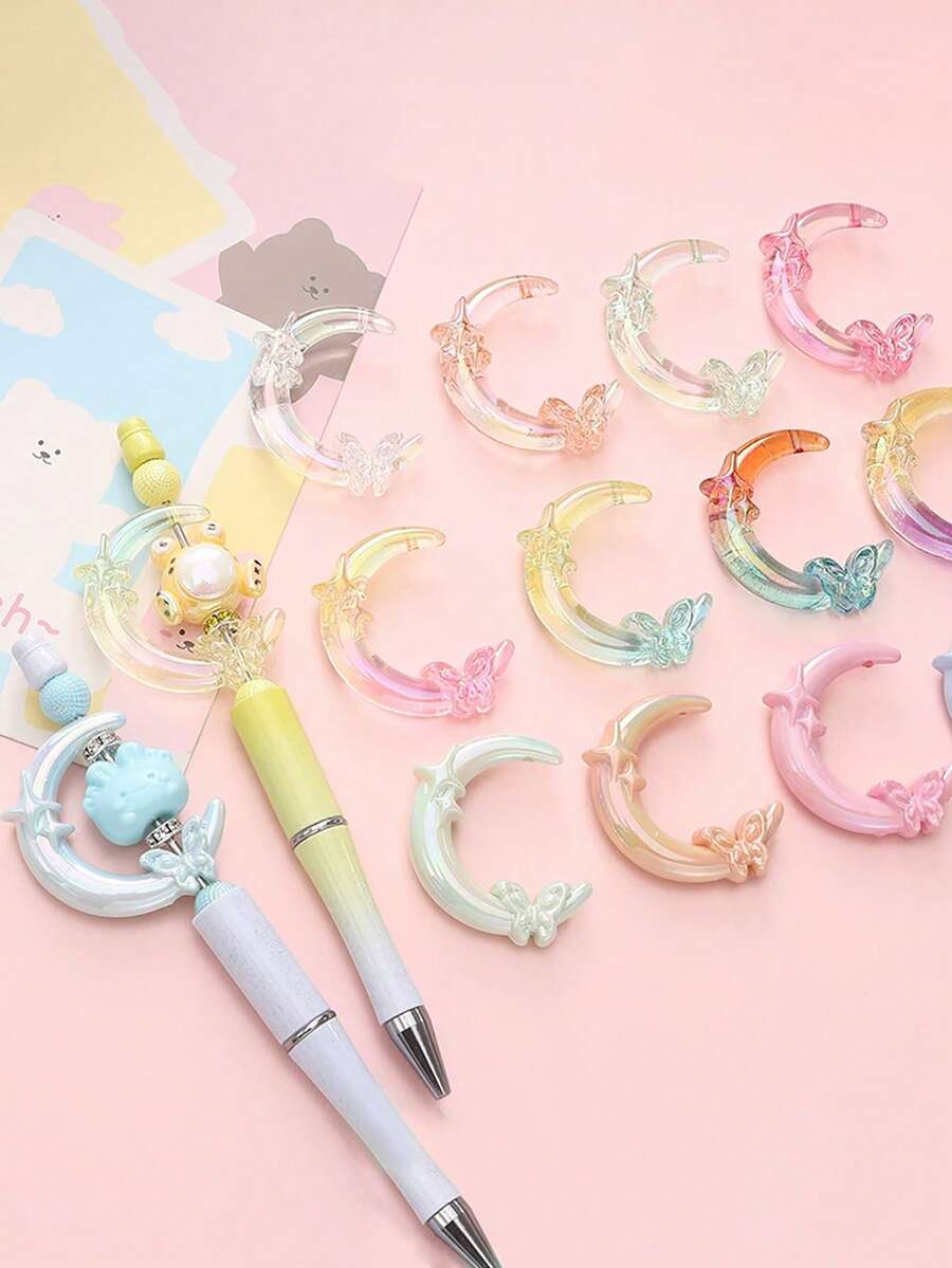 6 件随机丙烯酸 UV 涂层纯色星星、月亮、蝴蝶结珠 DIY 手机挂绳、钥匙扣、装饰配件 - 彩色 - 查看 1