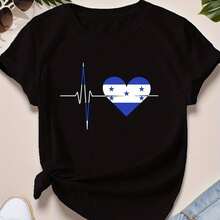 Women's Black Cotton Graphic T-Shirt 180g Heartbeat Flag Print, Short Sleeve Round Neck Casual Tee, Stylish Honduras Heart Design For Everyday Comfort And  Look, Soft Breathable Fabric, Perfect For Summer Outfits Or Layering In Cooler Months - Black - View 8