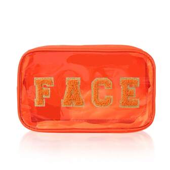 Makeup Bag Chenille Letter Cosmetic Bag For Women, Transparent PVC Zipper Patch Bags Organizer Waterproof Portable Travel Makeup Bag For Women Girls Teens (Pink)