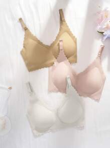3 Stück/Set Drahtlose Damen Sport-BHs mit Bandeau-Wellen-Saum, bequeme breite Träger nahtlose BHs