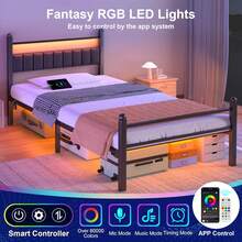 Twin Bed Frames With LED Lights & Charging Station - Metal Platform Bed Frame With Under Bed Storage - Heavy Duty Steel Slats/Upholstered Headboard/Noise-Free/No Box Spring Needed/Easy Assembly/Black - Twin - View 4