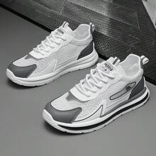 Men's Summer New Breathable Mesh Sports Shoes, Thick Sole Increase Height Wear-Resistant Comfortable Lightweight Non-Slip Deodorized Round Toe Lace-Up Design, Suitable For Young Students, Casual, Outdoor, Travel, Jogging, Personalized Street Fashion
