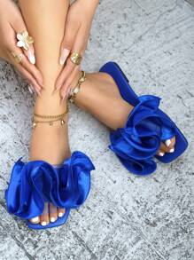 Women's New Blue Spring/Summer Fashion Party & Vacation Pleated Floral Flat Sandals, Comfortable Versatile Square Toe Soft Flat Slippers