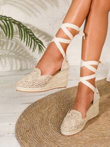 女士圆头粗高跟凉鞋，新款时尚性感系带闪亮优雅正装鞋，厚底坡跟女士凉鞋，适合派对、宴会、约会、春季休闲装 - 杏色 - 查看 2